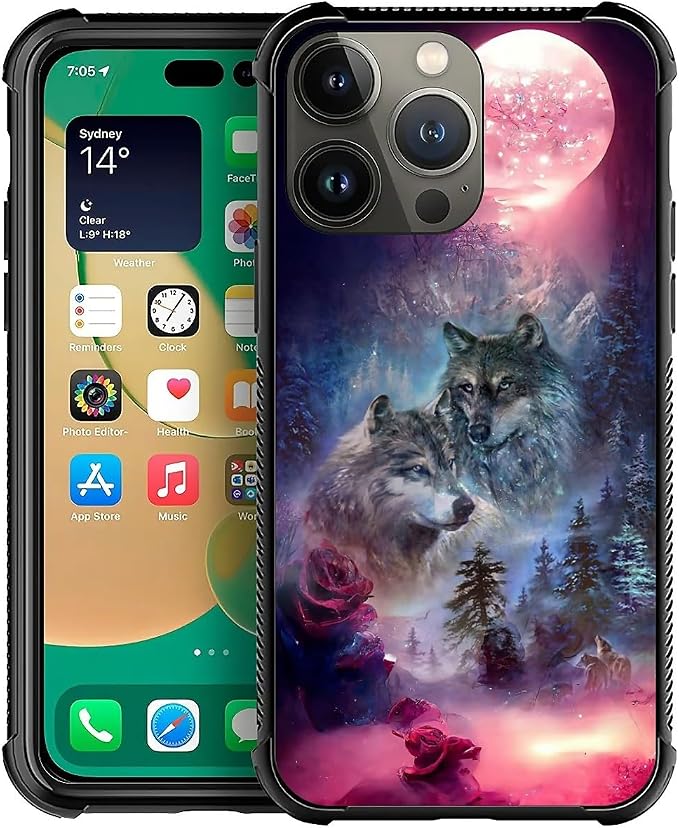for iPhone 13 Pro Max Case, Star Two Wolfs Howling Pattern Graphic Design Girl by FKBRCL4U