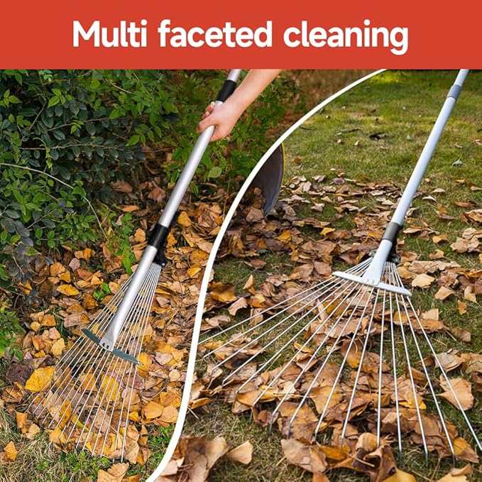 Adjustable Garden Metal Rake -32 to 63 Inch ,Hand Weed Collapsible Camping Landscape Dethatcher Rake for Leaves Shrub Yard Lawns,Leveling Yard Tool,Black
