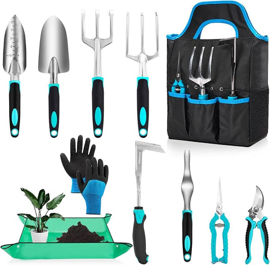 Garden Tool Set with Non Slip Rubber Grip,11 Piece Stainless Steel Gardening Tool Sets,Thickened Repotting Mat & Storage Tote Bag,Heavy Duty Outdoor Hand Tools Uprooting Weeding Tool, Ideal Gifts Blue
