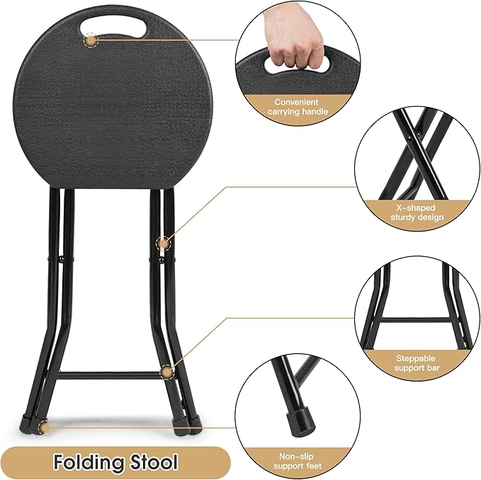 Folding Stool, 550lbs Capacity Foldable Stool with Handle, Portable Stools for Adults Heavy Duty, 18 inch Collapsible Chair for Meeting Room/Party/Garden/Home (Set of 2, Black)
