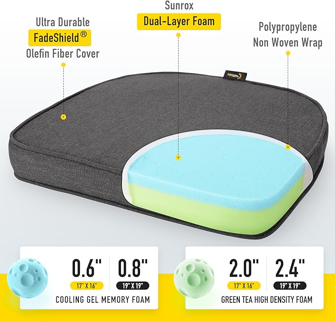 SUNROX Gel Memory Foam Chair Cushions, FadeShield Water-, Stain-Resistant Durable Reversible Seat Cushion Pads with Ties for Indoor/Outdoor Kitchen Dining Office, 19"x19", Set of 2, Midnight