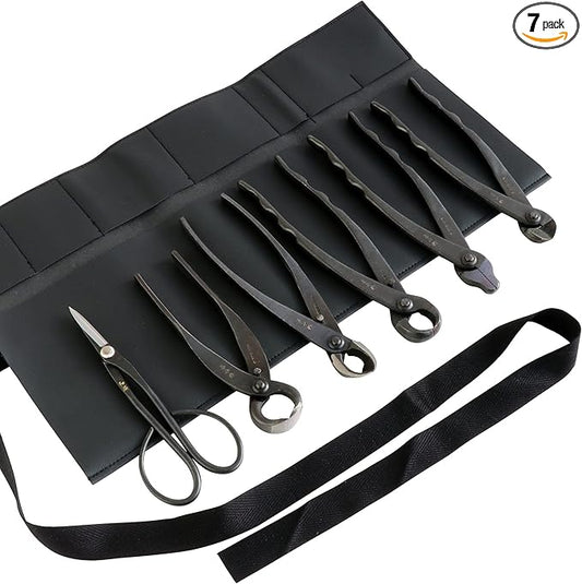 Wazakura Made in Japan 6PCS Bonsai Professional Tool Kit with Roll Bag: Japanese Yasugi Steel Satsuki Bonsai Scissors, Concave Branch Cutter, Knob Cutter, Jin Plier, Wire Cutter, Root Cutter