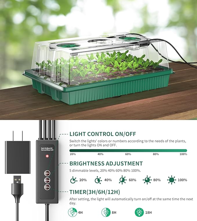 Seed Starter Tray, 80-Cells Seedling Starter Trays with Grow Light and Humidity Dome, Reusable Seed Germination Kit for Indoor Gardening Seed Starting (2 Pack, Green Base)