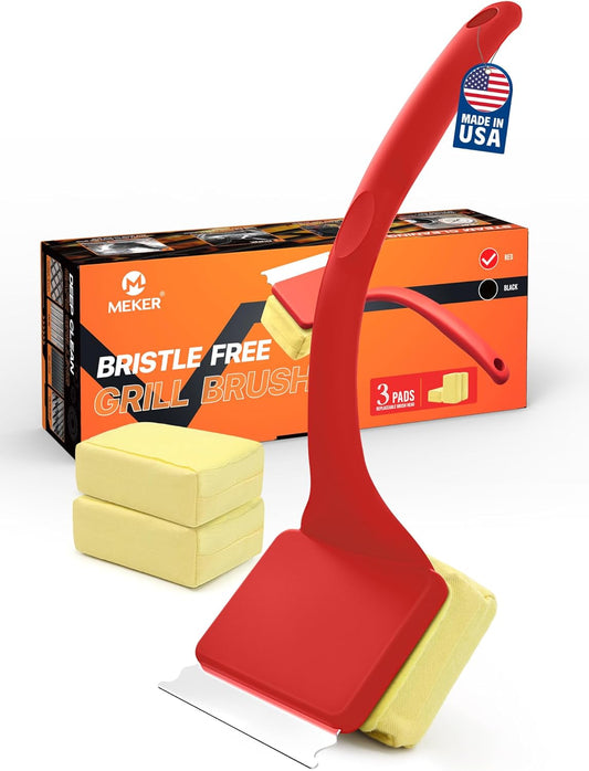 MEKER Grill Brush Bristle Free, Grill Cleaner Brush with 3 BBQ Replacement Head, Seamless Scraper Tool for Cast Iron, Stainless Steel Grates, Safe Grill Scraper Outdoor BBQ Grill, Red