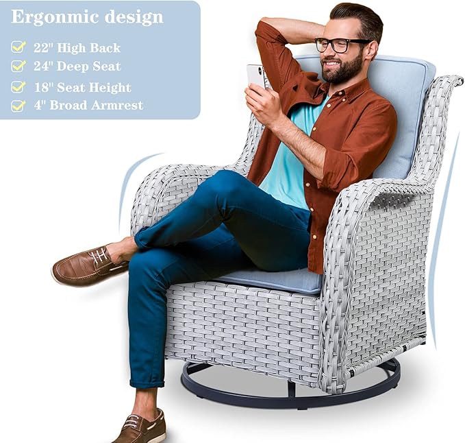 Outdoor Swivel Rcoker Patio Chairs - Outdoor Swivel Patio Chairs Set of 2 Wicker Chair Patio Furniture Sets with Covered Cushion for Porch Deck Balcony Garden, Baby Blue