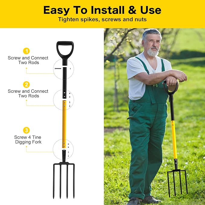 Pitch Fork, 4 Tine Heavy Duty Garden Fork with Ergonomic No-Slip D-Grip Handles, 45 Inches Long Handle Spading Fork, Perfect for Gardening Digging, Land Management, Yard work, Farming (Black)