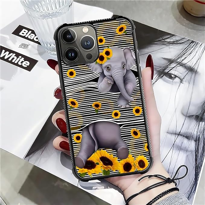 for iPhone 16 Pro Case, Cute Little Elephant Sunflower White Line Art Pattern - Image 7