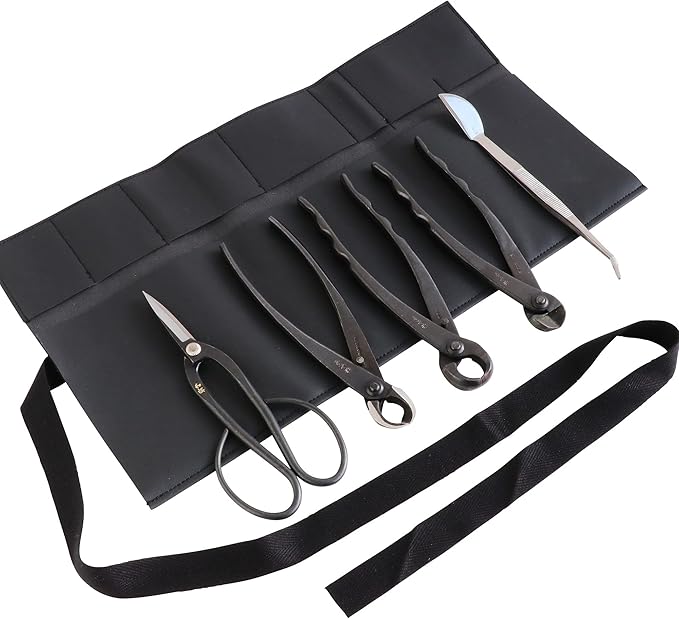 Wazakura Made in Japan 5PCS Bonsai Tool Kit with Roll Bag: Yasugi Steel Ashinaga Bonsai Scissors, Concave Branch Cutter, Knob Cutter, Wire Cutter, Tweezers - 5 Tools Ashinaga Set with Case