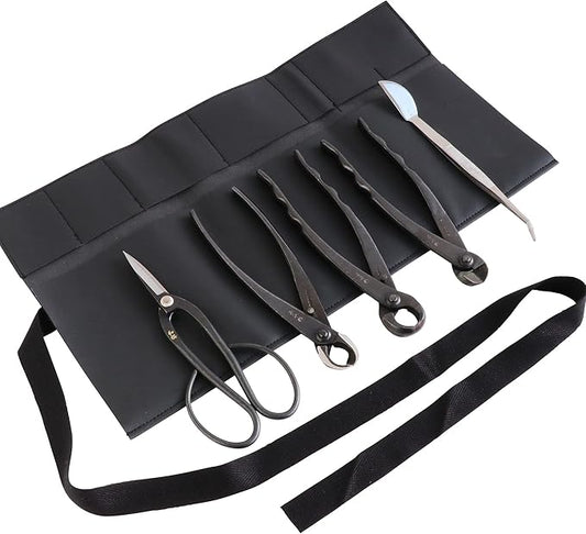 Wazakura Made in Japan 5PCS Bonsai Tool Kit with Roll Bag: Yasugi Steel Ashinaga Bonsai Scissors, Concave Branch Cutter, Knob Cutter, Wire Cutter, Tweezers - 5 Tools Ashinaga Set with Case