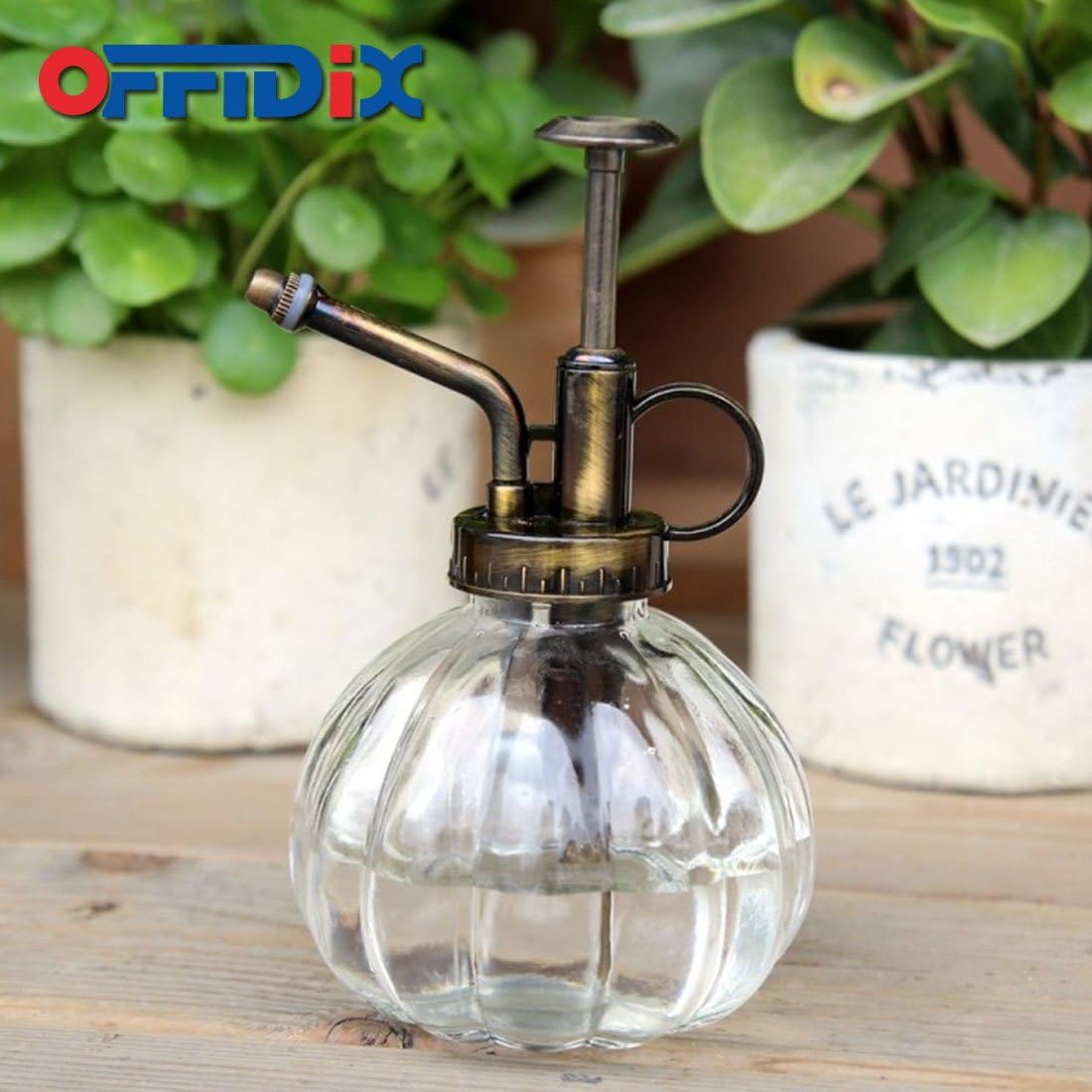 OFFIDIX Transparent Glass Watering Spray Bottle, 6.3 Inches Tall Vintage Style with Bronze Plastic Top Pump One Hand Plant Mister Glass Watering Can Indoor