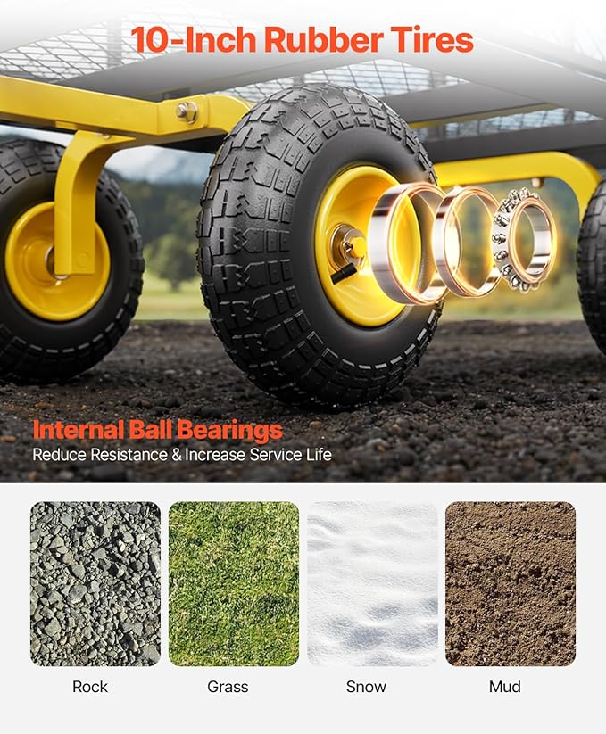 VEVOR 900 Lbs Heavy Duty Steel Garden Cart, Garden Wagon Cart on Wheels, Outdoor Metal Yard Utility Wagon Carts with 10" Tires and Mesh Removable Sides(Convert to Flatbed) and 180°Rotating Handle