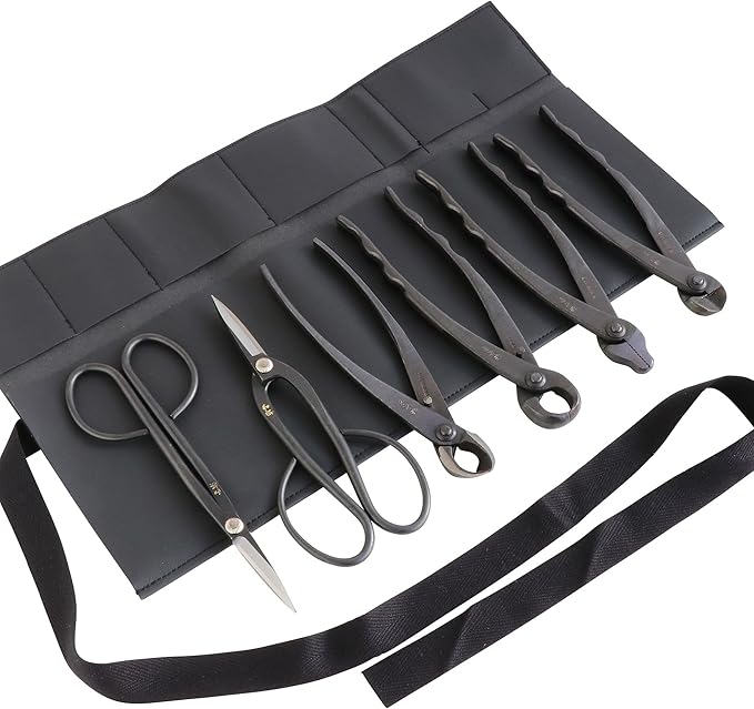 Wazakura Japanese 6PCS Bonsai Scissors and Branch Cutter Tool Kit with Roll Bag: Japanese Yasugi Steel Twig and Satsuki Bonsai Scissors, Concave Branch Cutter, Knob Cutter, Jin Plier, Wire Cutter