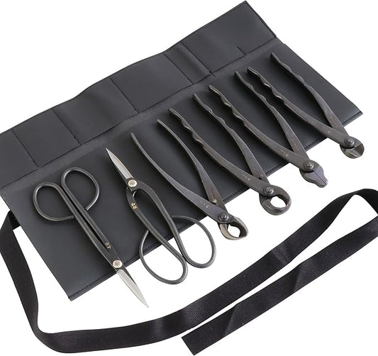 Wazakura Japanese 6PCS Bonsai Scissors and Branch Cutter Tool Kit with Roll Bag: Japanese Yasugi Steel Twig and Satsuki Bonsai Scissors, Concave Branch Cutter, Knob Cutter, Jin Plier, Wire Cutter