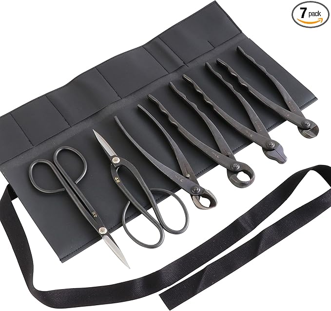 Wazakura Japanese 6PCS Bonsai Scissors and Branch Cutter Tool Kit with Roll Bag: Japanese Yasugi Steel Ashinaga and Twig Bonsai Scissors, Concave Branch Cutter, Knob Cutter, Jin Plier, Wire Cutter