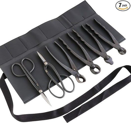 Wazakura Japanese 6PCS Bonsai Scissors and Branch Cutter Tool Kit with Roll Bag: Japanese Yasugi Steel Ashinaga and Twig Bonsai Scissors, Concave Branch Cutter, Knob Cutter, Jin Plier, Wire Cutter