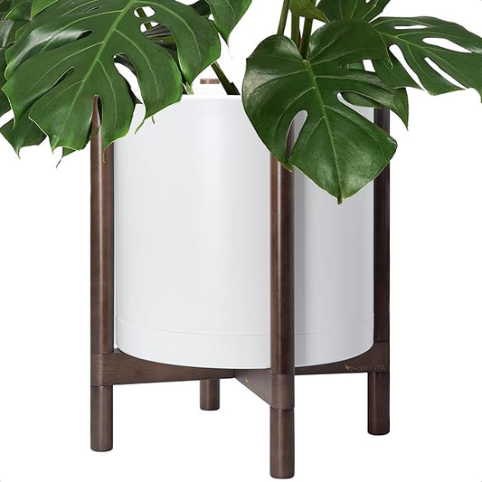 D'vine Dev Planter Pot with Stand - 16 Inch Plastic Cylinder Flower Pot with Wood Planter Holder for Indoor, Matte White Pot + Walnut Color Stand, 55-C-X-1