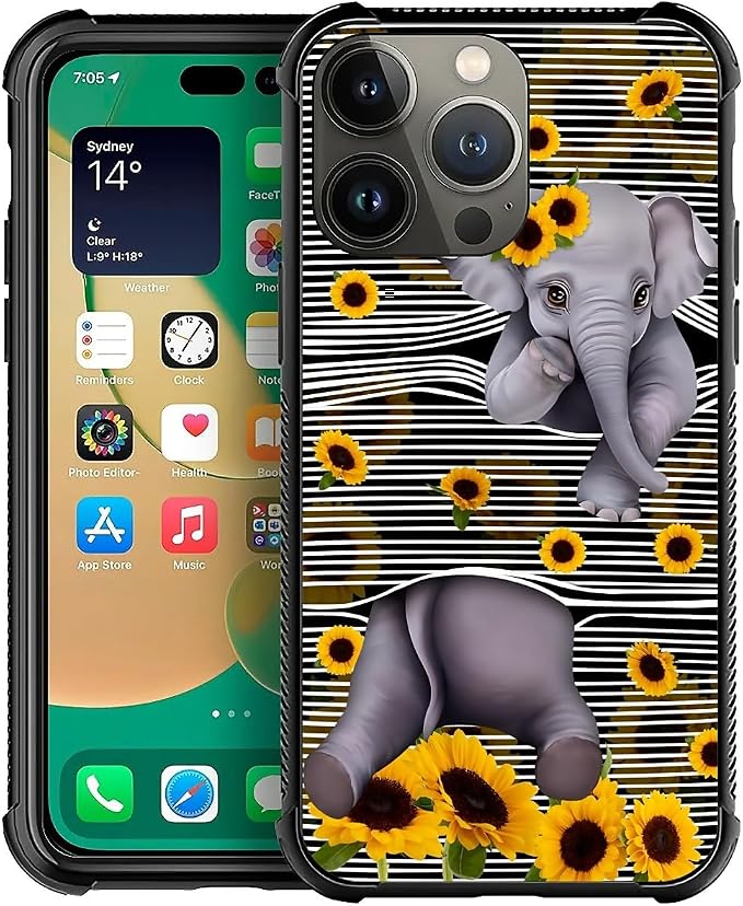 for iPhone 14 Pro Case, Cute Little Elephant Sunflower White Line Art Pattern by FKBRCL4U