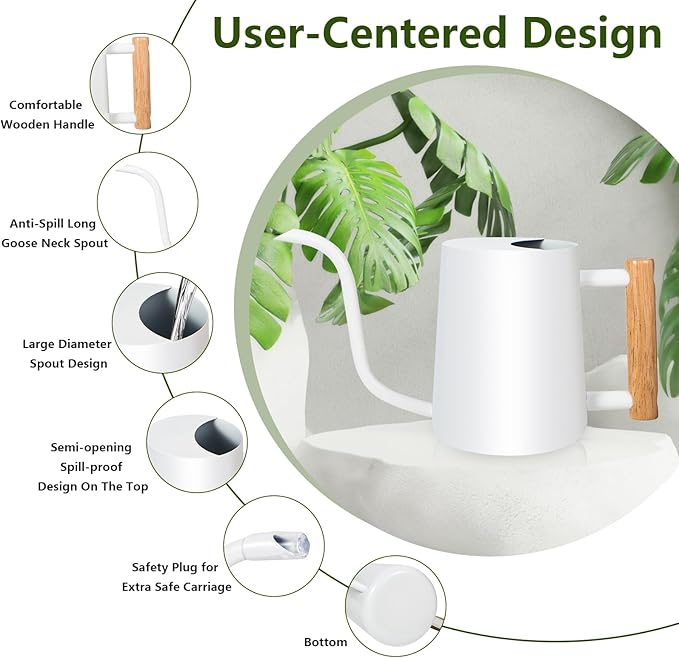 Watering Can Indoor Plants, 35oz Small Watering Can Indoor Stainless Steel Metal Watering Can Modern Decorative Watering Pot with Long Spout for Indoor House Plant Bonsai Outdoor Garden Flowers -White