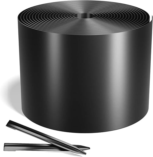 Worth Galvanized Steel Landscape Edging 8" x50' Metal Garden Edging Roll Flexible Bender Border with 16Pcs Stakes for Lawn, Flower Bed Edges, Black