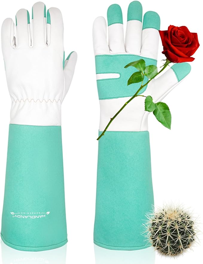 HANDLANDY Long Gardening Gloves for Men & Women, Thorn Proof Rose Pruning Gloves Leather Gauntlets Garden Glove Yard Work Glove (Large, Green)
