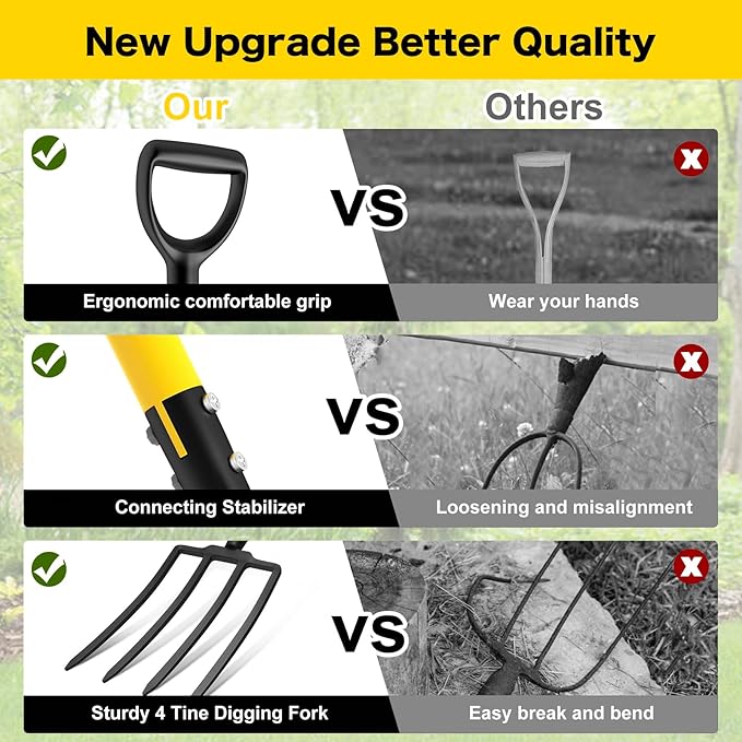 Pitch Fork, 4 Tine Heavy Duty Garden Fork with Ergonomic No-Slip D-Grip Handles, 45 Inches Long Handle Spading Fork, Perfect for Gardening Digging, Land Management, Yard work, Farming (Black)