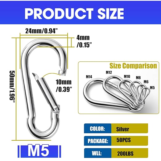 50Pack M5 Spring Snap Hooks Carabiner, 3/16" Heavy Duty Carabiner Clips Chain - Image 2