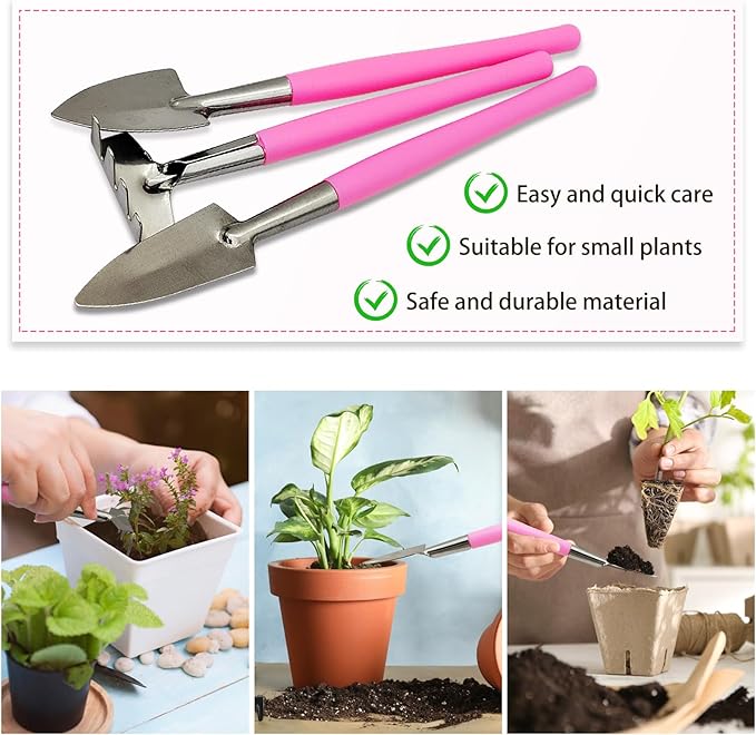 Mini Gardening Tools, 3Pcs Stainless Succulent Tools Kit Shovel Rake Trowel, 2 Colors Hand Shovel for Gardening for Indoor Small Plants, Succulents, Potted Plants, Bonsai (Purple)