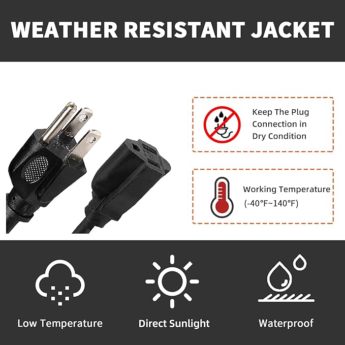 Extension Cord, UL Certified, 16 Gauge 1FT Black 3 Prong Heavy Duty, 16/3 SJTW - Image 6