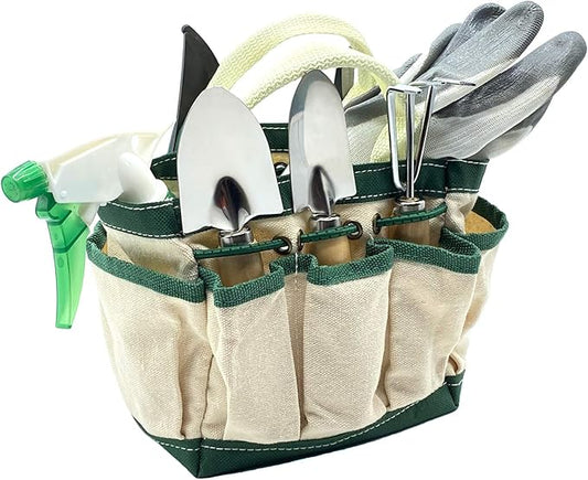 RyKing Small Garden Tool Set, 8 Piece Gardening Balcony Mini Kit Bag, Trowel Transplanter Hand Rake Pruner Snips Shovel Gloves Watering Spray, Stainless Steel Wooden Handles, Gift for Woman Men Kids