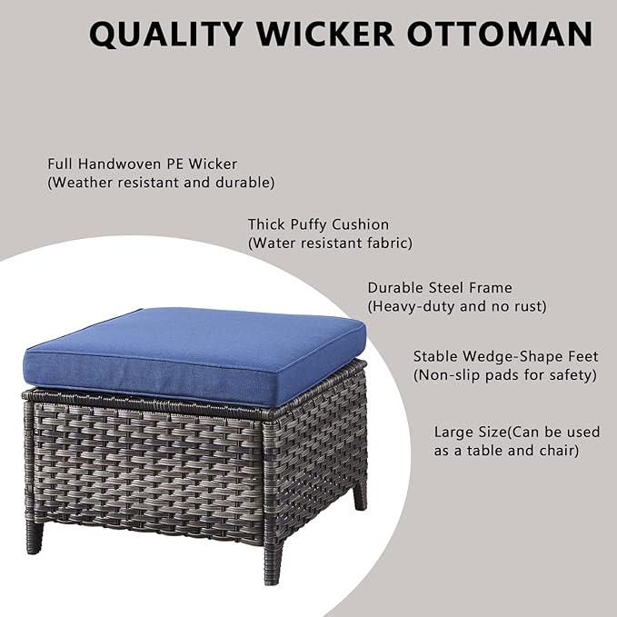 Outdoor Wicker Patio Furniture Set - 5 Piece Rattan Patio Conversation Set with 2 Rocking Swivel Chairs,2 Ottomans and 1 Loveseat for Porch Deck Backyard Garden(Mixed Grey/Blue)