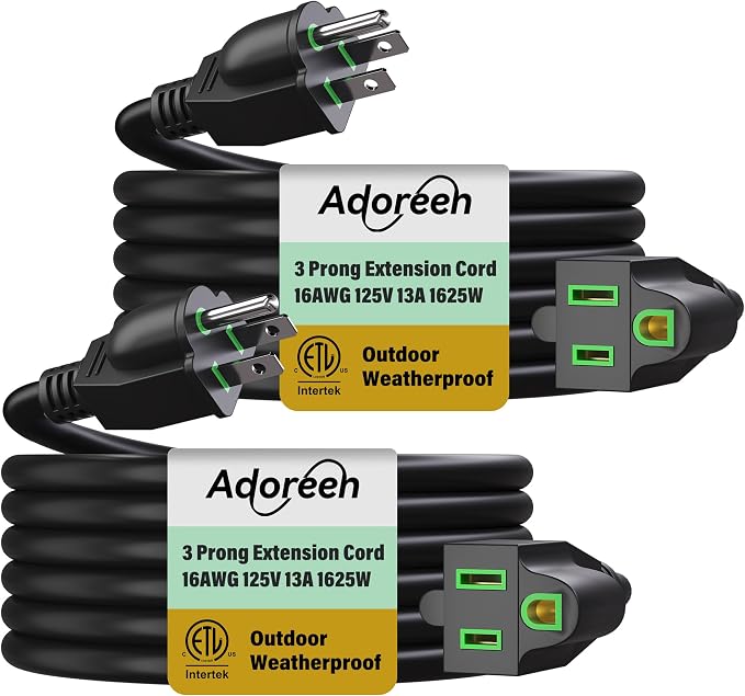 Adoreen Outdoor Power Extension Cord 15 Ft/2 Pack, 3 Prong 16 AWG Grounded Wire by Adoreen