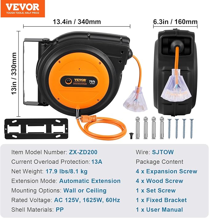 VEVOR Retractable Extension Cord Reel, 75 FT, Heavy Duty 14AWG/3C SJTOW - Image 7