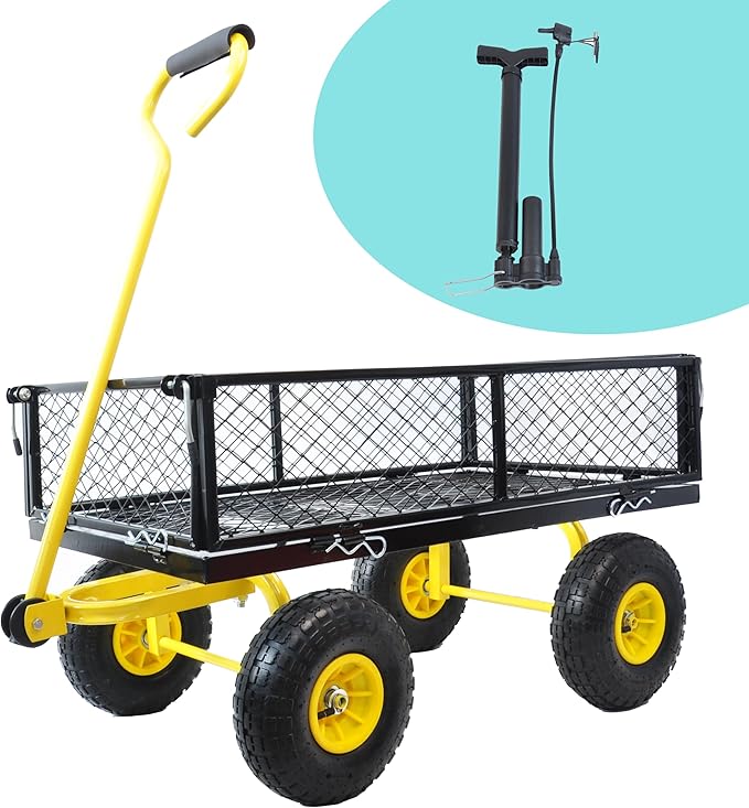 Steel Garden Cart 400 lbs Capacity with Removable Steel Mesh Sides to Convert into Flatbed, Utility Metal Wagon 180°Rotating Handle Multi-Purpose