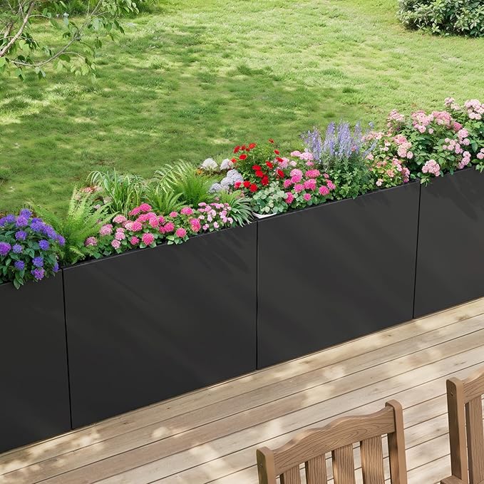 Stoog 38" Metal Tall Rectangular Planters Set of 2 - All-Weather Planter Box for Indoor/Outdoor Use, with Removable Insert Shelf, for Plants, Flowers, Garden, Black