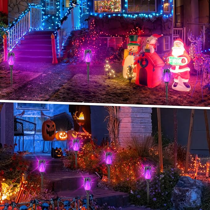 EOYIZW Solar Lights Outdoor, Halloween Decorations Purple Solar Tiki Torches - Image 2