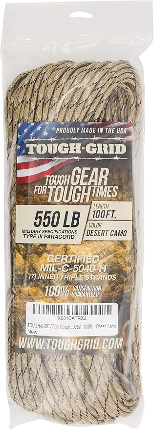 TOUGH-GRID 550 Paracord, Type III Mil-Spec Nylon Rope - 100 Ft Desert Camo - Image 3