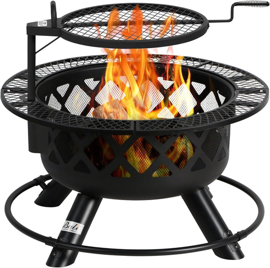BALI OUTDOORS Fire Pit with Poker, 32 inch Outdoor Fire Pit Patio, Wood Burning Firepits for Outside with Grill
