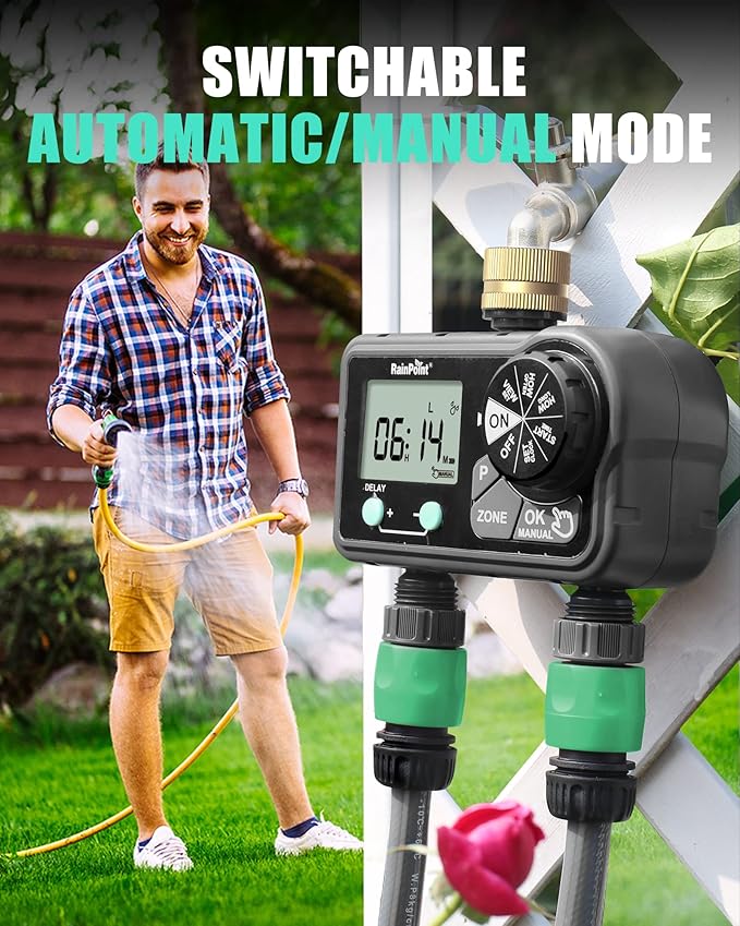 RAINPOINT Brass Sprinkler Timer 2 Stations, Large Digital Water Timer for Garden Hose with 6 Programmable Procedure, with Delay/Manual/Auto Irrigation Mode for Week/Specific/Daily Watering