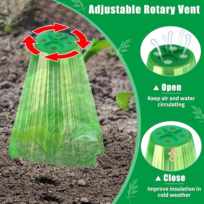UQM 30 Pack Garden Cloches for Plants, Reusable Bell Plant Protector with Rotary Vent Cover, Garden Protection from Animals Snails Birds Chickens Insect, 9.18" H X 7.56" D (Green)
