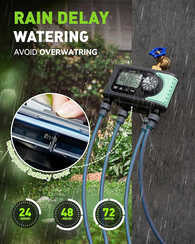 RAINPOINT Sprinkler Timer, 4 Outlets Hose Timer with Brass Inlet with Rain Delay/Manual/Automatic Controller System, Programmable Digital for Lawn Yard, 4 Zone