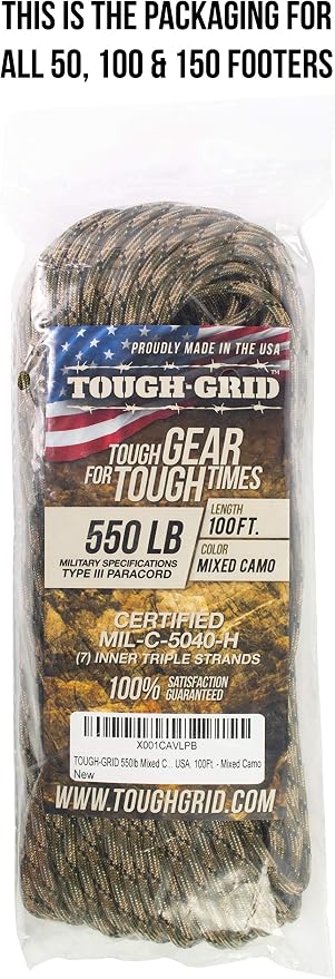 TOUGH-GRID 550 Paracord, Type III Mil-Spec Nylon Rope - 50 Ft Mixed Camo - Image 4