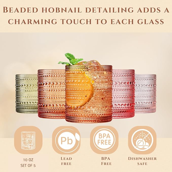 Hobnail Tumbler Drinking Glasses Set | Set of 5 | Vintage Sunset Colored Beaded - Image 3