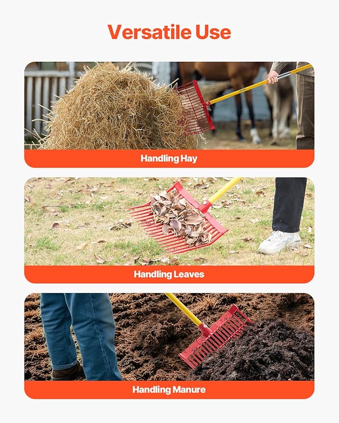 VEVOR Manure Fork, 18 Angled Tines, Horse Manure Rake with Long Fiberglass Handle, 61 in Durable Plastic Pitchfork Muck Rake Tool for Gardening Horse Stall Stable Grass Hay Cleaning Farm Work