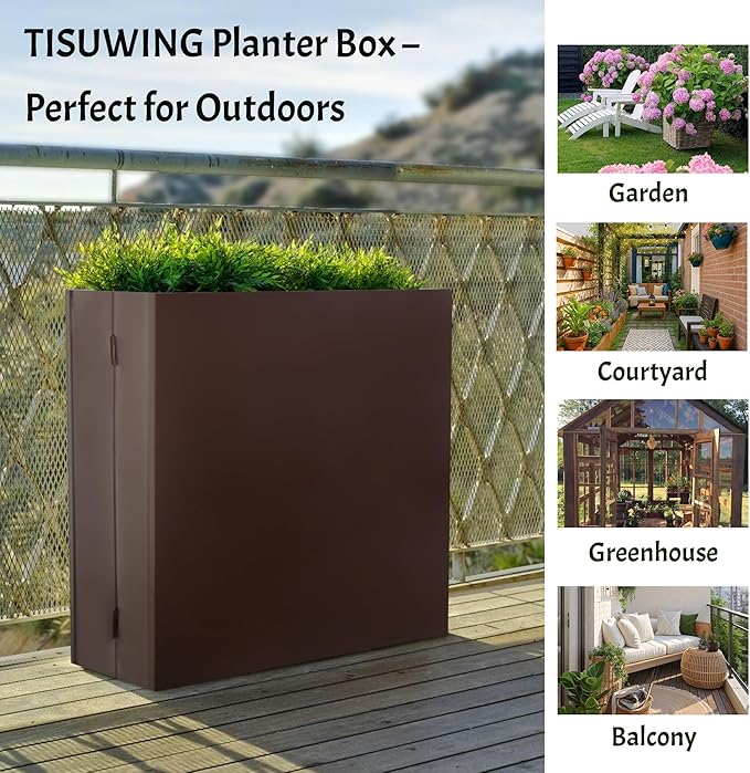 Metal Rectangular Planter, 35.5"x 10"x 28" Brown Planter Box for Outdoor, Easy Installation Galvanized Steel Planter with Drainage Holes, Outdoor Planter for Porch/Patio/Garden