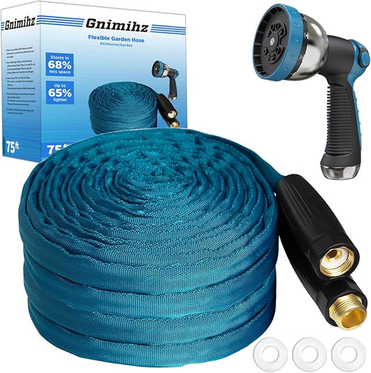 Garden Hose 75ft, Made of TPE(Not PVC), Ultra-Light & Flexible Water Hose with Solid Brass Fittings, Non-Shrinking, Easy to Storage, Drinking Water Safe Material, All-weather, SeaBlue
