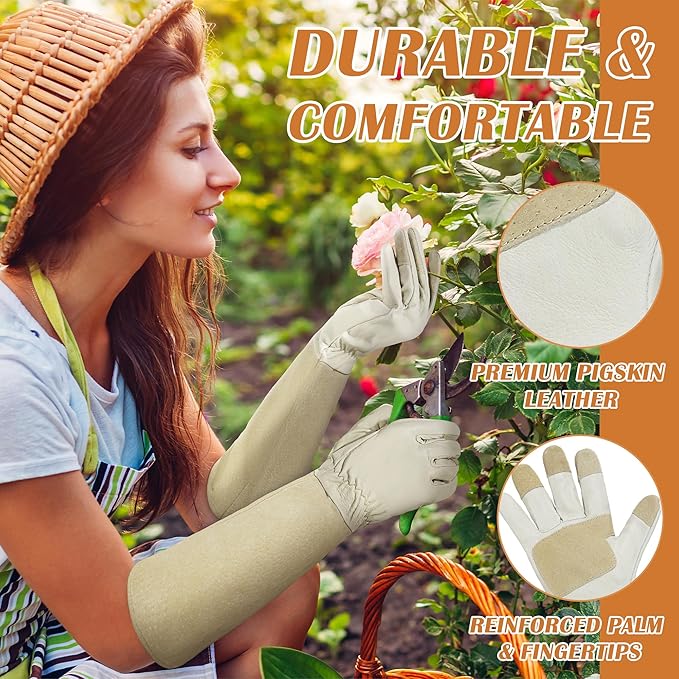 HANDLANDY Pruning Gloves Long for Men & Women, Pigskin Leather Rose Gardening Gloves- Breathable & Durability Gauntlet Glove (Small, Beige)