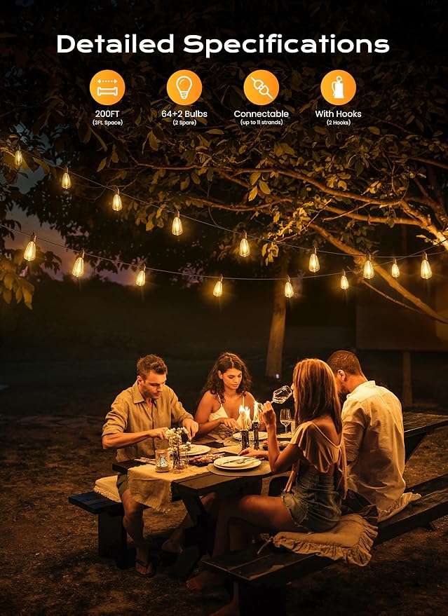 Brightown Outdoor String Lights, 200FT 64+2 LED ST38 LED Patio Lights - Image 2