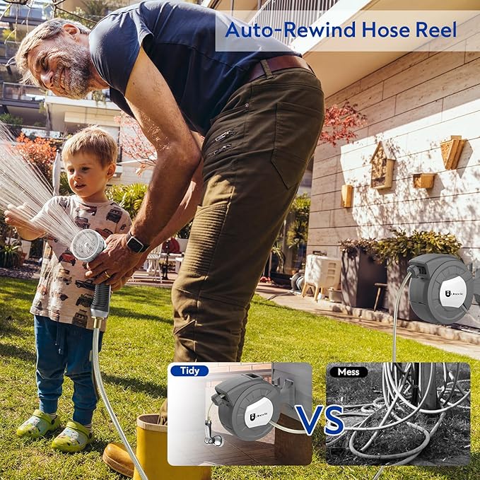 Retractable Garden Hose Reel, 5/8 in x 75 ft Wall Mounted Hose Reel,10-Pattern Spray Nozzle, Any Length Lock/Slow Return System/Wall Mounted/180°Swivel Bracket