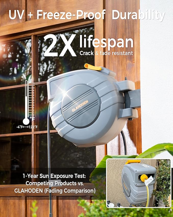 Retractable Garden Hose Reel 5/8 in x 100 ft Metal Bracket, 2025 Upgraded Dual Ratchet Lock UV & Freeze Protection Brass Seal Slow Retraction Anti-Tangle Hose 180°Swivel