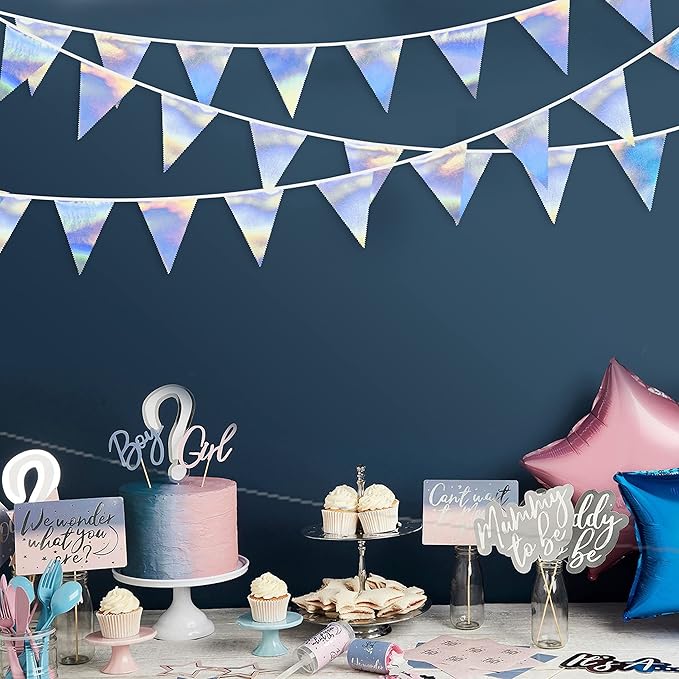 33Ft Iridescent Party Decoration Holographic Fabric Triangle Pennant Banner Flag Cotton Bunting Garland for Birthday Wedding Bridal Shower Bachelorette Engagement Disco Euphoria Galaxy Party Supplies